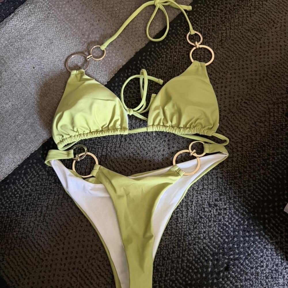 Green and white bikini set